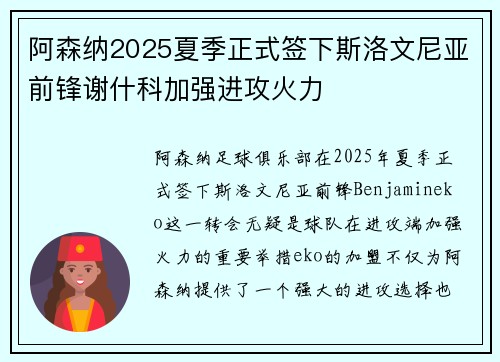 阿森纳2025夏季正式签下斯洛文尼亚前锋谢什科加强进攻火力 阿森纳2025夏季正式签下斯洛文尼亚前锋谢什科加强进攻火力